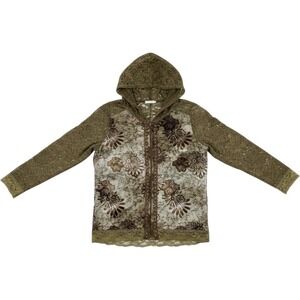 Bebe Women Olive Green Floral Lace Zip Up‎ Hoodie Jacket Size Large
